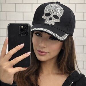 New Women's Skull Rhinestone & Black Bling Baseball Cap Adjustable Fashion Hat